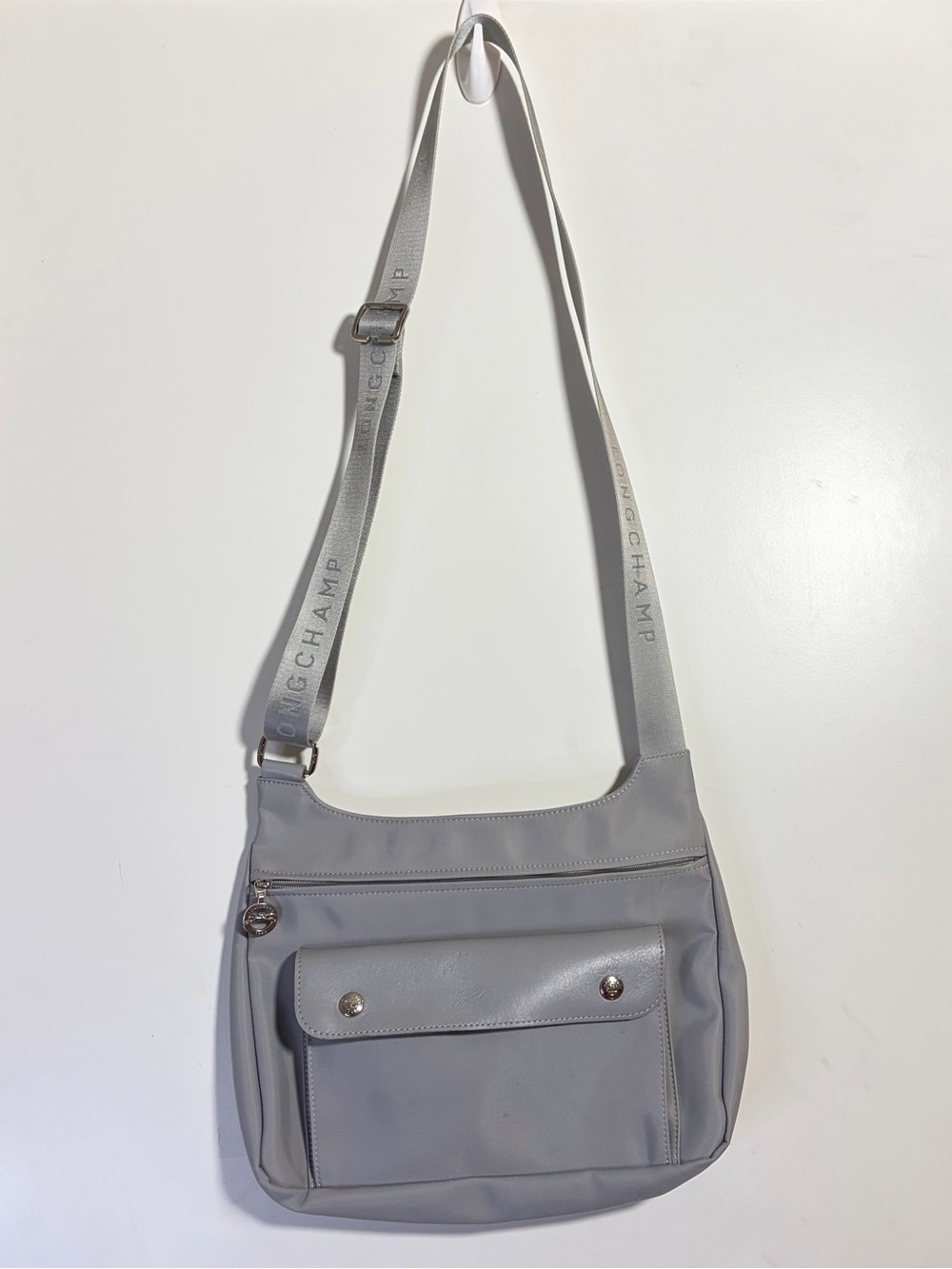 Longchamp Planetes Nylon Crossbody Bag Gray Leather Trim Adjustable Strap